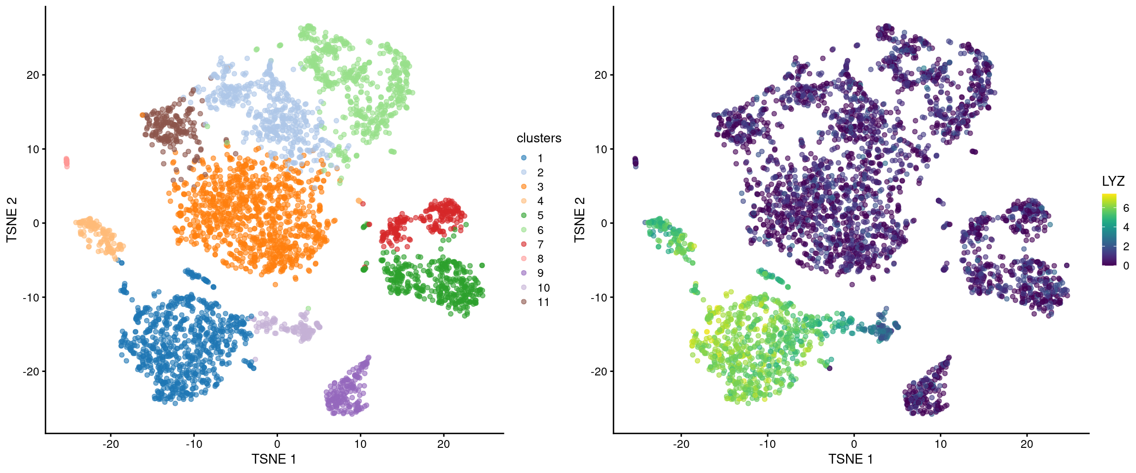 $t$-SNE plot of the cells in the PBMC dataset, colored by the assigned cluster (top) or the log-expression of the top marker gene in cluster 1 (bottom).